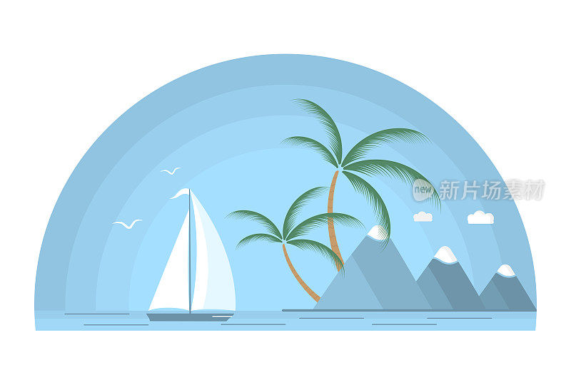 A ship with a white sail against the background of a tropical island with palm trees and mountains. Seascape.